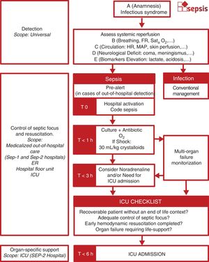 Algorithm for interhospital coordination. Out-of-hospital pre-alerts notify the ER screening system so they can anticipate the emergent management of patients under code sepsis. Checklist requires 4 of out 4 affirmative answers to agree on the transfer of patients between referring and receiving hospitals.