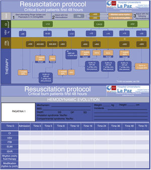 Fluid therapy protocol in patients with burns affecting over 20% of total body surface. DP: deep dermal burn; DS: superficial dermal burn; ELWI: Extravascular Lung Water Index; IC: cardiac index; ITBI: Intrathoracic Blood Index; MBP: mean blood pressure; IAP: intraabdominal pressure; ISVR: indexed systemic vascular resistances; BBS: burnt body surface; SD: subdermal burn; VSV: variation of stroke volume.