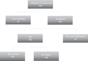 Flowchart of the patients with influenza A (H1N1)pdm09 pneumonia admitted to the Intensive Care Unit.OTI: orotracheal intubation; NIV: noninvasive mechanical ventilation.