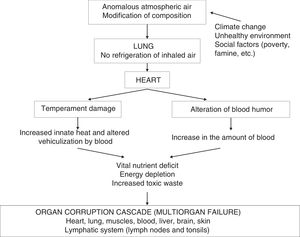 Physiopathology of the plague according to Ibn Jatima, with advance conception of multiorgan failure as it is understood in modern intensive care medicine.