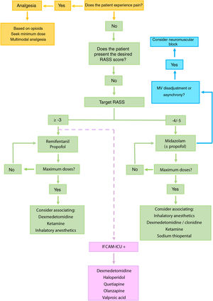 Recommended algorithm for the management of patients with difficult sedation. The mentioned drugs are not stated according to order of priority. It is advisable to base the choice of drug taking into account the characteristics of the patient and the possible side effects. Dexmedetomidine is recommended in sequential sedation (when we wish to switch from deep sedation to mild sedation), for the treatment of alcohol or pharmacological privation (including benzodiazepines), in patients subjected to extracorporeal membrane oxygenation (ECMO), and in situations of hyperactive delirium. Ketamine should be considered in patients with poor control of pain, status asthmaticus, in individuals subjected to ECMO or in hemodynamically unstable patients. In selected patients, inhalatory anesthetics may be regarded as a first choice, even over benzodiazepines, for maintaining RASS ≤ −4, and can also be used in patients with status asthmaticus or epilepticus. Although typical antipsychotics (haloperidol) and atypical antipsychotics (quetiapine and olanzapine) have not been shown to shorten the duration of delirium, MV or stay in IC, they can be used to control symptoms such as agitation, anxiety or hallucinations. Valproic acid can be used in the case of symptoms refractory to antipsychotic agents. In this regard, we can administer 1500 mg/day divided into 3–4 doses, that may be preceded by a loading dose of 28 mg/kg. CAM-ICU: Confusion Assessment Method for the ICU.