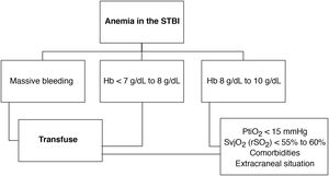 Assessment scheme on the transfusion need during the management of severe traumatic brain injury (STBI). dL, deciliter; g, gram; Hb, hemoglobin; PtiO2, brain tissue oxygen pressure; rSO2, regional cerebral oxygen saturation.