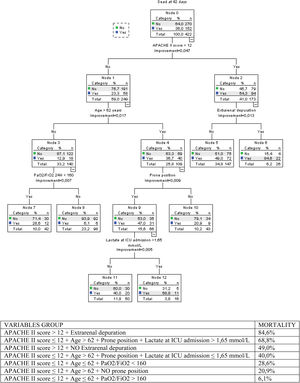 The decision tree based on CRT analysis reached an overall percentage of correct classification of 69.7%. The established risk groups were on a range from 6.1% (APACHE II score≤12+Age≤62+PaO2/FiO2>160) to 84.6% (APACHE II score>12+Extrarenal depuration). Patients with APACHE II score>12 were ever classified with mortality at 6 weeks higher than 49%.