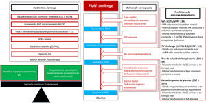 Fluid challenge. GC: gasto cardíaco; HTIS: hipoperfusión tisular inducida por sepsis; PIA: presión intraabdominal; PSM: presión sistémica media; PVC: presión venosa central; SDRA: síndrome de distrés respiratorio agudo; TV: tidal volume; VPP: variación presión de pulso; VVS: variación de volumen sistólico.