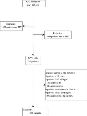 Flowchart study: number patients. ICU, intensive care unit; IMV, invasive mechanical ventilation; BMI, body mass index; TBI, trauma brain injury.