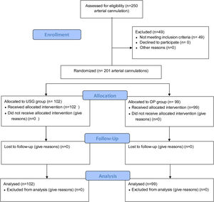 Consort diagram for the study. USG Group: ultrasound-guided group, DP Group: direct palpation group.