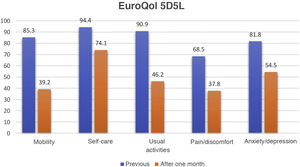 Percentage of patients without limitation in each of the 5 domains of the EuroQol before admission to the ICU and one month after hospital discharge. (Editar en color).