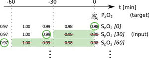 Preprocessing scheme for one example observation of the target variable arterial partial pressure of oxygen (PaO2). Every row represents one item in the template, numbers in square brackets indicate the time t in minutes up to which the variable was blinded, also represented by the shaded green blocks indicating intervals that were discarded before selecting measurements; green circles indicate selected measurements for every item.