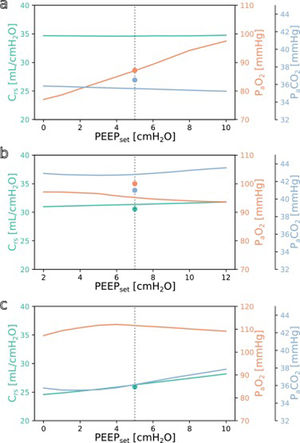 Simulation results for different PEEP values. (a) Simulation for the above example with the values from Online Supplement Table 1 as the only inputs: improved oxygenation is expected with increasing PEEP. (b and c) Same but for different patients: oxygenation is not expected to improve with increasing PEEP. Please note the altered scale for PaO2 in c. The vertical dotted lines indicate the last set PEEP value. Circles denote the respective ground truth.