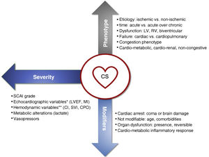 Triaxial assessment of patients with cardiogenic shock (CS). *Echocardiographic alterations: Left ventricular ejection fraction (LVEF) < 40% and early mitral valve insufficiency. **Hemodynamic alterations: Cardiac index (CI) < 1.8 ml/kg/m2, Systolic volume index (SVI) < 35 ml/m2, Cardiac power output (CPO) < 0.6 W. LV: Left ventricle; RV: Right ventricle.