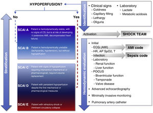 Phases in the early detection of cardiogenic shock. ECG: Electrocardiogram; AMI: Acute myocardial infarction; HR: Heart rate; AP: Arterial pressure; SpO2: Pulsioximetry; T: Temperature; POCUS: Point of care ultrasound.
