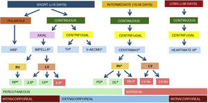 Classification of the mechanical circulatory support systems. IABP: intra-aortic balloon pump; TH: TandemHeart ®; V-AECMO: venoarterial extracorporeal membrane oxygenation; RV: right ventricle; LV: left ventricle; PD: ProtekDUO ®; DL: Dual Lumen ®; RA-P: right atrium-pulmonary; LV-Ax: left ventricle-axillary; LV-Ao: left ventricle-aorta. *: percutaneous or surgical, according to availability and urgency.