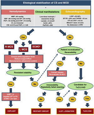 Algorithm for mechanical circulatory support withdrawal in patients with cardiogenic shock. CS: cardiogenic shock; MOD: multiorgan dysfunction; MBP: mean blood pressure; SBP: systolic blood pressure; DP: differential pressure; PCP: pulmonary capillary pressure; CVP: central venous pressure; CI: cardiac index; CW: cardiac work; PAPi: pulmonary artery pulsatility index; SvO2: venous oxygen saturation; LVEF: left ventricular ejection fraction; FS: fractional shortening; TAPSE: tricuspid annular plane systolic excursion; VTI: velocity-time integral; LVOT: left ventricular outflow tract; LV: left ventricle; RV: right ventricle; MCS: mechanical circulatory support; IABP: intra-aortic balloon pump; V-AECMO: venoarterial extracorporeal membrane oxygenation; TxC: cardiac transplantation; LVAD: long-term left ventricular assist device; LLST: limitation of life support therapy. *: If ECMELLA, first suspend ECMO, and then Impella CP®.
