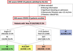 Flow chart of the study and descriptive study population according to thromboembolic events. TE: Thromboembolic events. Angio-CT: Computed tomography angiography. US: Ultrasound. AT: Arterial thrombosis. PE: Pulmonary embolism. DVT: Deep vein thrombosis.