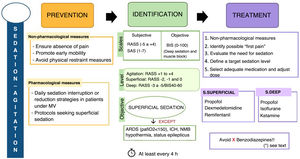 Sedation-Agitation. MV, mechanical ventilation; RASS, Richmond Agitation Sedation Scale; SAS, Riker Sedation-Agitation Scale; BIS, bispectral index; ARDS, acute respiratory distress syndrome; ICH, intracranial hypertension; NMB, neuromuscular block. Reproduced from7 (with permission).