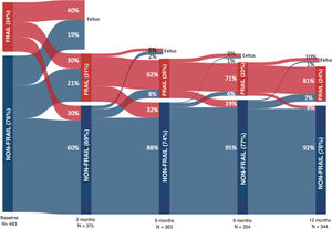 Evolution of non-frail and frail patients at the different assessment timepoints.