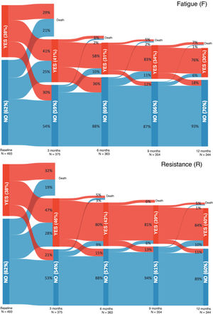 Evolution of each of the components of the FRAIL-Es scale at the different assessment timepoints.