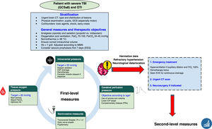 First-line treatment algorithm for severe traumatic brain injury in pediatrics. EVD: external ventricular drainage; EEG: electroencephalogram; GCS: Glasgow Coma Score; Hb: hemoglobin; OTI: orotracheal intubation; PI: pulsatility index; CSF: cerebrospinal fluid; MMN: multimodal neuromonitoring; PaCO2: arterial carbon dioxide pressure; PaO2: arterial oxygen pressure; ICP: intracranial pressure; PRx: pressure reactivity index; TBI: traumatic brain injury. a Target cerebral perfusion pressure according to age: under 2 years > 45 mm Hg, between 2–8 years > 60 mm Hg, and over 8 years > 70 mm Hg.