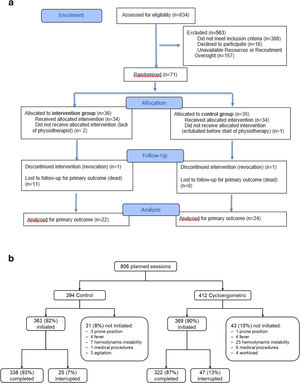 Flowchart of patients according to CONSORT diagram (a) and flowchart of physiotherapy sessions (b).