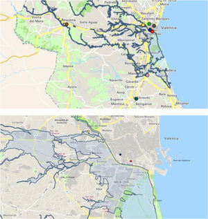 Location of surveyed hospitals.14 Base map obtained from the Visor Cartogràfic de la Generalitat Valenciana (Institut Cartogràfic Valencià, ICV), publicly accessible at the ICV web platform. © Institut Cartogràfic Valencià (Generalitat Valenciana). Modified for scientific illustration Legend: Hospital de Sagunto; Hospital Arnau de Vilanova; Hospital Clínico; Hospital de Requena; Hospital de La Ribera; Hospital Lluís Alcanyis; Hospital Manises*; Hospital Doctor Peset*; Hospital La Fe* *Hospitals with ICU admissions related with the floods.