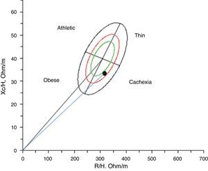 Body composition analysed by bioelectrical impedance vector analysis.