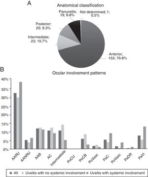 Anatomical classification and ocular involvement patterns. BAA: bilateral acute anterior; AUNRA: acute unilateral non-recurrent anterior; AARU: acute unilateral recurrent anterior; CA: chronic anterior; PaC: panuveitis with chorioretinitis; PaRD: panuveitis with exudative retinal detachment; PaVasc: panuveitis with retinal vasculitis; PaVi: panuveitis with vitritis; PoCB: posterior with bilateral chorioretinitis; PoCU: posterior with unilateral chorioretinitis; PoVasc: posterior with retinal vasculitis.