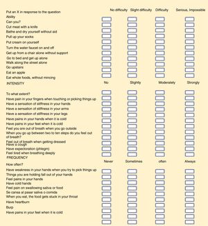 Mexican version in Spanish of the self-administered functionality scale of the Systemic Sclerosis Questionnaire. Score. First. 32 scores were obtained in 3 domains. We chose the highest score for each domain (11 responses to ability, 12 to intensity and 9 to frequency). Initial scores were therefore reduced to 3. Second. To avoid confusions in low scores (0 and 1) a requirement was made to look at the corrective questions, as described in the section on Material and method. Third. The mean of the 3 values of the domains was calculated: (a) abilities, (b) intensity, and (c) frequency. This will be the final score of the SySQ questionnaire. Interpretation: 0=no difficulty or no symptoms; 1=slight difficulty, presences of mild symptoms and/or on some occasions; 2=serious difficulty, moderate symptoms and/or symptoms present frequently, and 3=incapacity, strong or intense symptoms which always present.