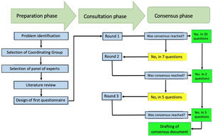 This chart summarizes the processes conducted during the Delphi exercise to establish the recommendations of the Colombian Association of Rheumatology regarding the management of patients with rheumatic diseases, receiving immunomodulation/immunosuppressive therapies (conventional, biologics and small molecules), in the context of the SARS-CoV-2/COVID-19 pandemic.