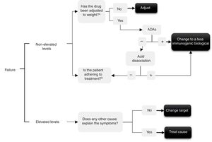 Algorithm for the use of throughput levels in the event of treatment failure. ADAs: anti-drug antibodies; DMARDs: synthetic disease-modifying antirheumatic drugs. aInfliximab and golimumab can be adjusted to weight, in patients>100kg. bAdherence to DMARDs and its dose and to the biological.