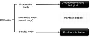 Algorithm for using throughput levels in patients in persistent remission (>6 months).