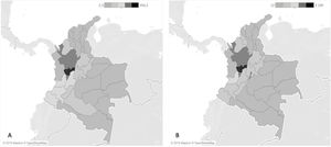 Geographical distribution of the prevalence of osteoporosis for the period 2012–2018, adjusting for sex and age group of the Columbian population. Prevalence is calculated with the mean population of the period as the denominator per 100,000 inhabitants. (A) Males. (B) Females.