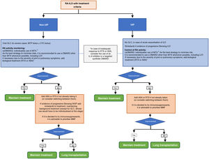 Treatment algorithm for rheumatoid arthritis-associated interstitial lung disease (UIP or non-UIP pattern).1In patients with RA under treatment with MTX for more than 1 year, diagnosed with ILD, the drug can be maintained as there is no evidence to justify its discontinuation., 2In patients on anti-TNF therapy and with stable ILD, there is no conclusive evidence to recommend discontinuation if the drug has achieved good control of joint symptoms.