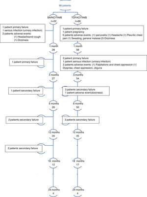 Number of patients included in the study who had started JAKi (Baricitinib OR Tofacitinib) and completed the different visits scheduled. 29 patients discontinued the treatment for the reasons outlined.