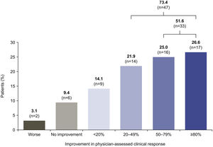 Physician-assessed clinical response to belimumab treatment at 6 months (N=64)*. *Two patients discontinued belimumab treatment within the first 6 months but were included in the analysis.