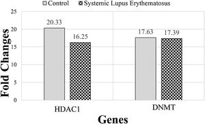 The mean rank of HDAC1 and DNMT genes in systemic lupus erythematosus (SLE) and control groups. There is no significant difference between groups. Results are obtained from three independent experiments and data are presented as mean±SD. The significance level was P˂0.05 (HDAC1: P=0.94), (DNMT: P=0.21).