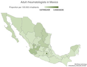 The proportion of adult rheumatologists per 100,000 inhabitants in the states of the Mexican Republic.