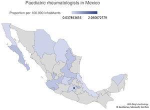 The proportion of paediatric rheumatologists per 100,000 inhabitants in the states of the Mexican Republic. The states in grey have no paediatric rheumatologists.