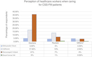 Perception of healthcare workers when caring for patients with CSS-FM. Positive (enthusiastic and well) as well as negative (discouraged and irritated) perceptions have been grouped in one single column. * Physiotherapist, psychologist, social worker and auxiliary nurse.