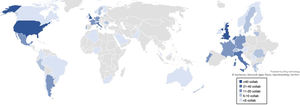 Map of countries with collaboration in articles of rheumatology services in Spain.