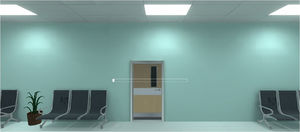 Waiting room while the virtual models and elements are loading. Before entering through the door of this room, the main movements that the 2 joysticks provide within the doctor’s surgery are explained.