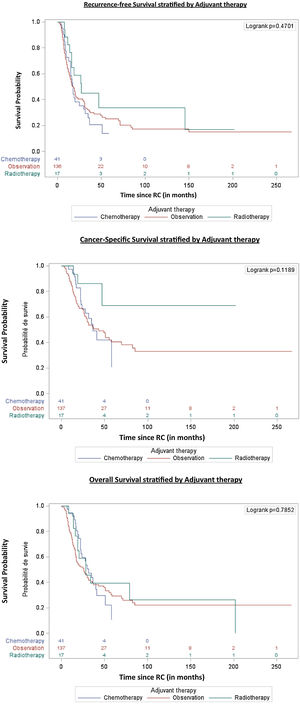Kaplan-Meier Curves with recurrence-free, cancer-specific and overall survival stratified by adjuvant therapy type of patients with node positive disease following neoadjuvant chemotherapy and radical cystectomy for muscle-invasive bladder cancer.