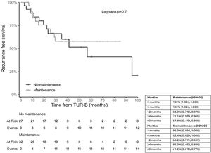 Kaplan-Meier survival curves for recurrence-free survival of 59 patients treated with radiofrequency induced chemohyperthermia for non-muscle invasive bladder cancer, subanalysed by maintenance treatment.