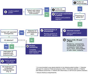 Medical decision algorithm for brolucizumab treatment. It is recommended to confirm the patient's appropriate profile for brolucizumab treatment, perform a thorough examination of the patient prior to each injection, and routinely monitor the patient for IOI events. In the presence of active intraocular inflammation, brolucizumab treatment is contraindicated and should be discontinued. AM: macular atrophy; VA: visual acuity; IOI: intraocular inflammation; VEGF: vascular endothelial growth factor; VR: retinal vasculitis; RVO: retinal vascular occlusion; VEGF: retinal vasculitis.