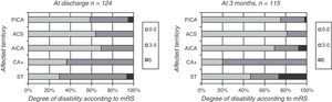 Distribution in percentages linking degree of disability at discharge (left) and at 3 months (right) with the affected territory.