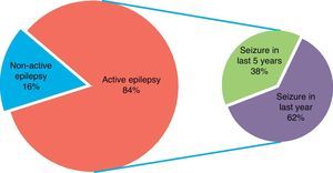 Level of epilepsy activity in the epileptic patient group. Active epilepsy=seizure in the last 5 years.