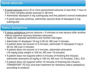 Action protocol in cases of serial seizures or status epilepticus.