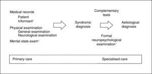 Clinical method adapted to the diagnosis of cognitive impairment. The dotted line indicates tasks shared between primary care and specialised care. *Specific elements.