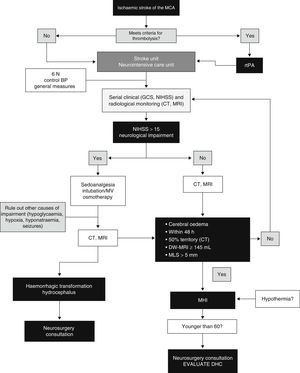 Suggested management algorithm for decision-making in MHI. MCA: middle cerebral artery; MV: mechanical ventilation; MLS: midline shift; GCS: Glasgow Coma Scale; DHC: decompressive hemicraniectomy; MHI: malignant hemispheric infarction; NIHSS: National Institutes of Health Stroke Scale; MRI: magnetic resonance imaging; rtPA: recombinant tissue plasminogen activator; BP: blood pressure; CT: computed tomography.