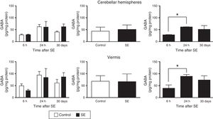 GABA (γ-amino butyric acid) concentration in the cerebellar hemispheres and vermis after status epilepticus (SE). The graphs on the left show the time course of GABA concentration after SE. The graphs in the centre show the effect of treatment (induced SE or sham manipulation) on GABA concentration regardless of time. The graphs on the right show GABA concentration at different time points, regardless of treatment. Bars indicate mean (±SEM) GABA concentration (n=6 rats per group). *P<.05.
