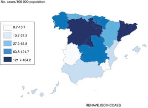 Cumulative incidence of COVID-19 in the previous 14 days in Spain, by autonomous community (data from 27 April 2020).
